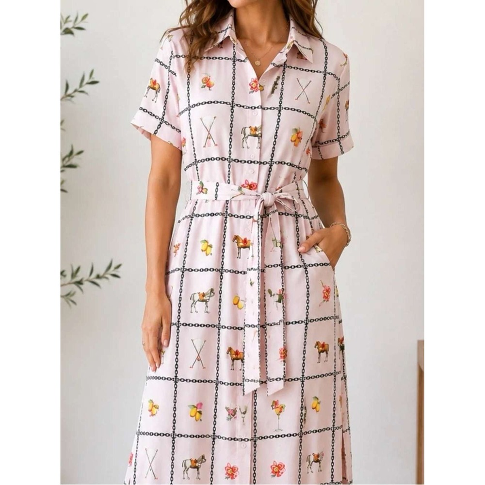 Katie Kime Savannah Taza Maxi Dress Pink Novelty Print Cotton Shirt Dress L NEW